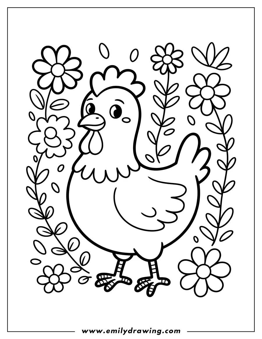 Outline of a cheerful hen surrounded by daisies and leaves.
