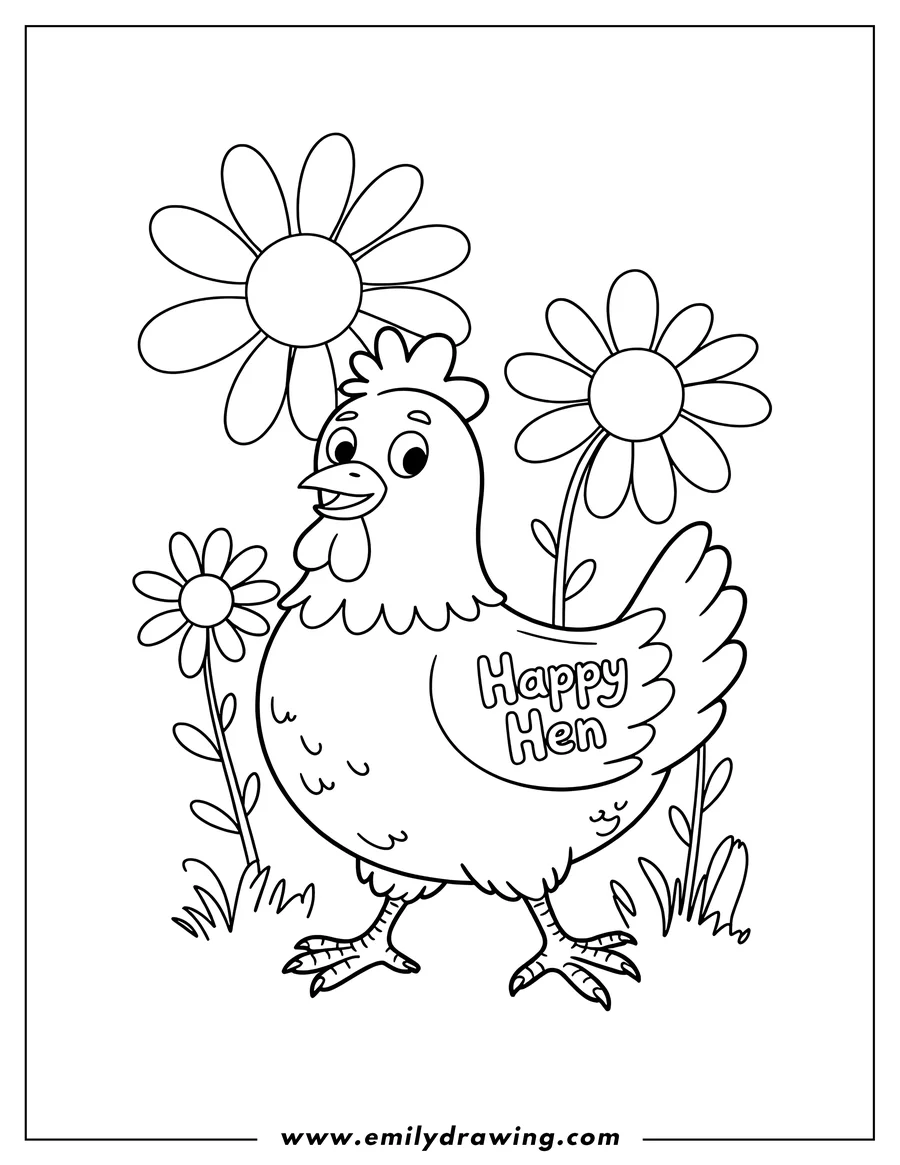 Outline of a cheerful hen standing in a garden surrounded by three large daisies. The hen has the words 'Happy Hen' written on its side.