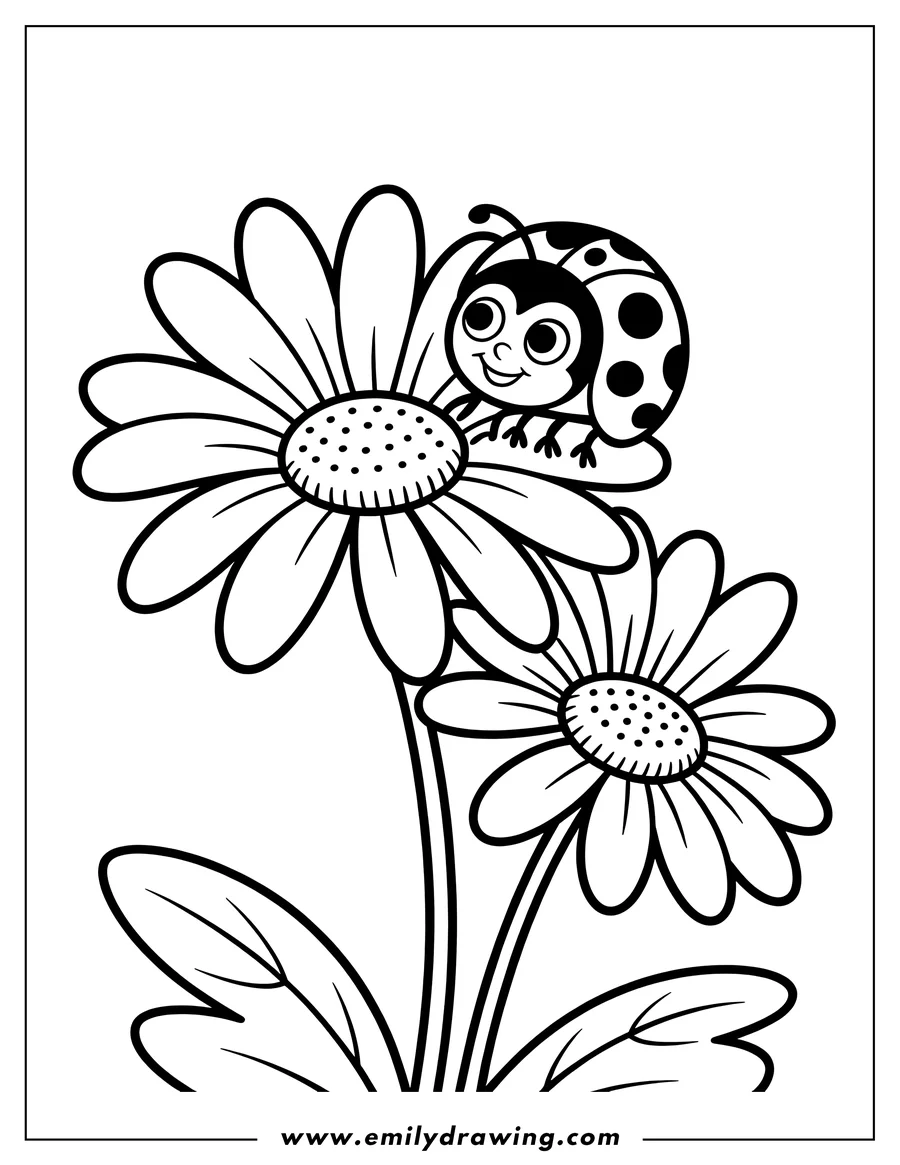 Outline of a happy ladybug resting on two daisies with leaves and stems.