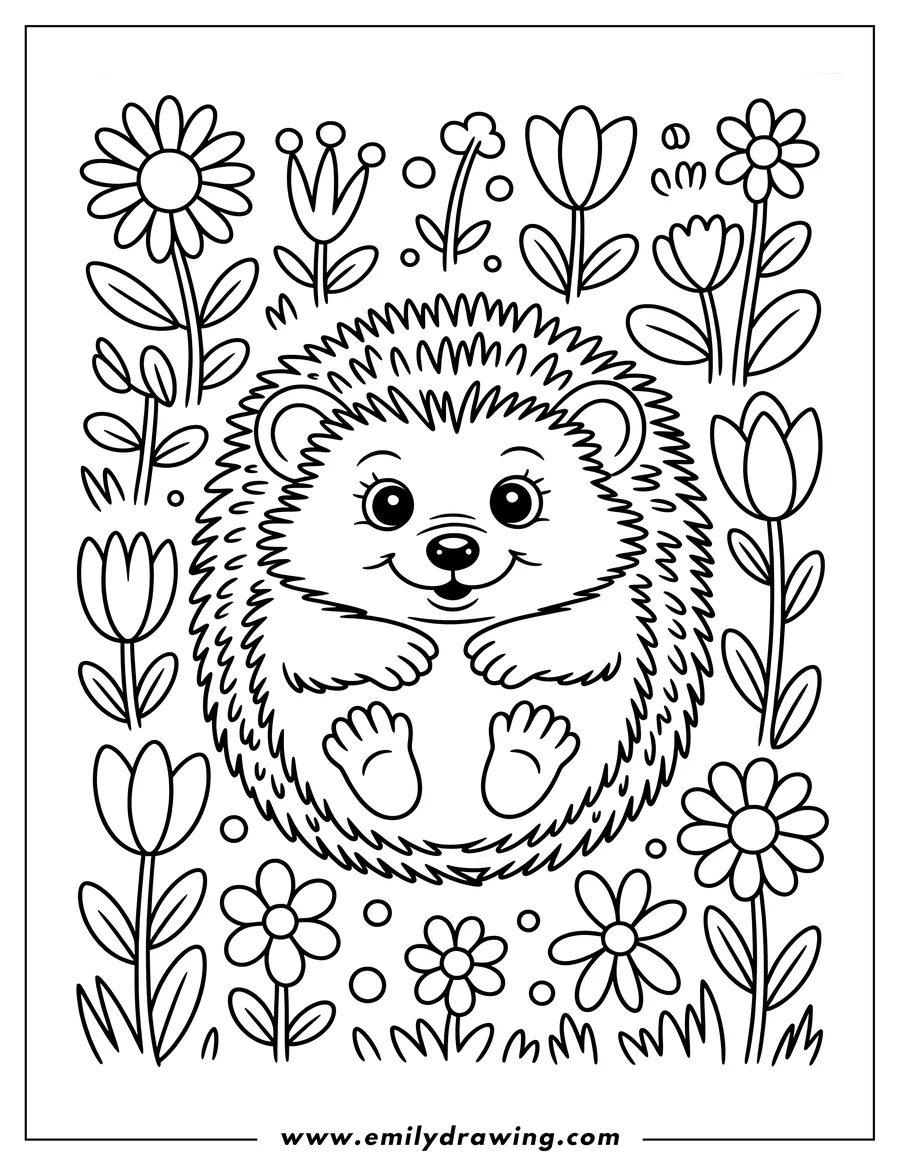 Outline of a cute hedgehog sitting in a patch of flowers and tulips.