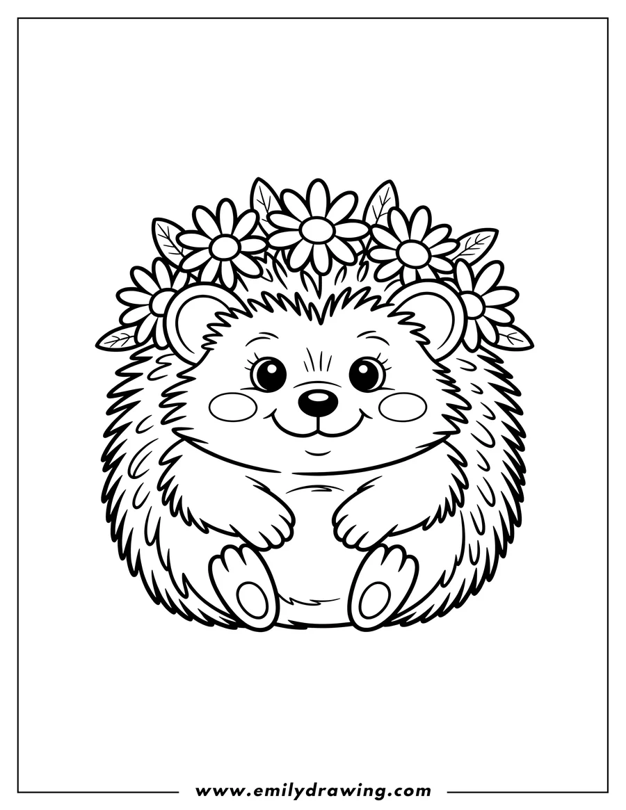 Outline of a hedgehog with a crown of daisies.