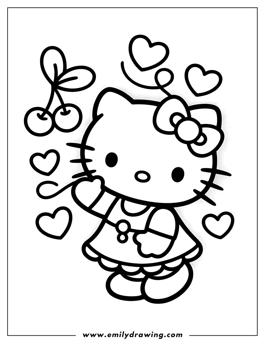 Line art of Hello Kitty with cherries and hearts. She's wearing a dress and a bow.