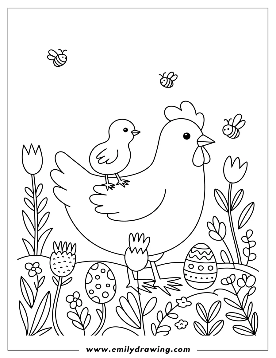 Outline of a hen with her chick on her back. Two decorated Easter eggs and flowers surround them, along with a few bees buzzing around.