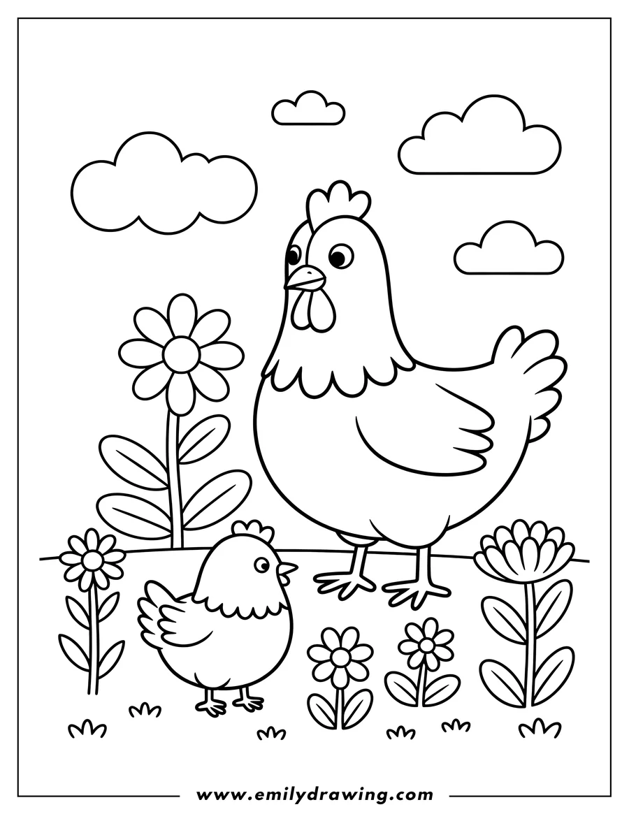 Outline of a hen and chick standing in a field of flowers.  Fluffy clouds float overhead.