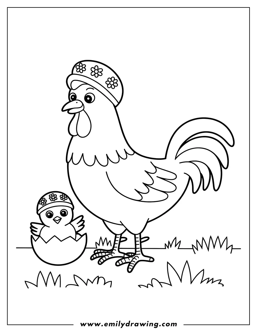 Outline of a hen with a flower-decorated hat watching her chick hatch from an egg. The chick also wears a tiny flower hat.