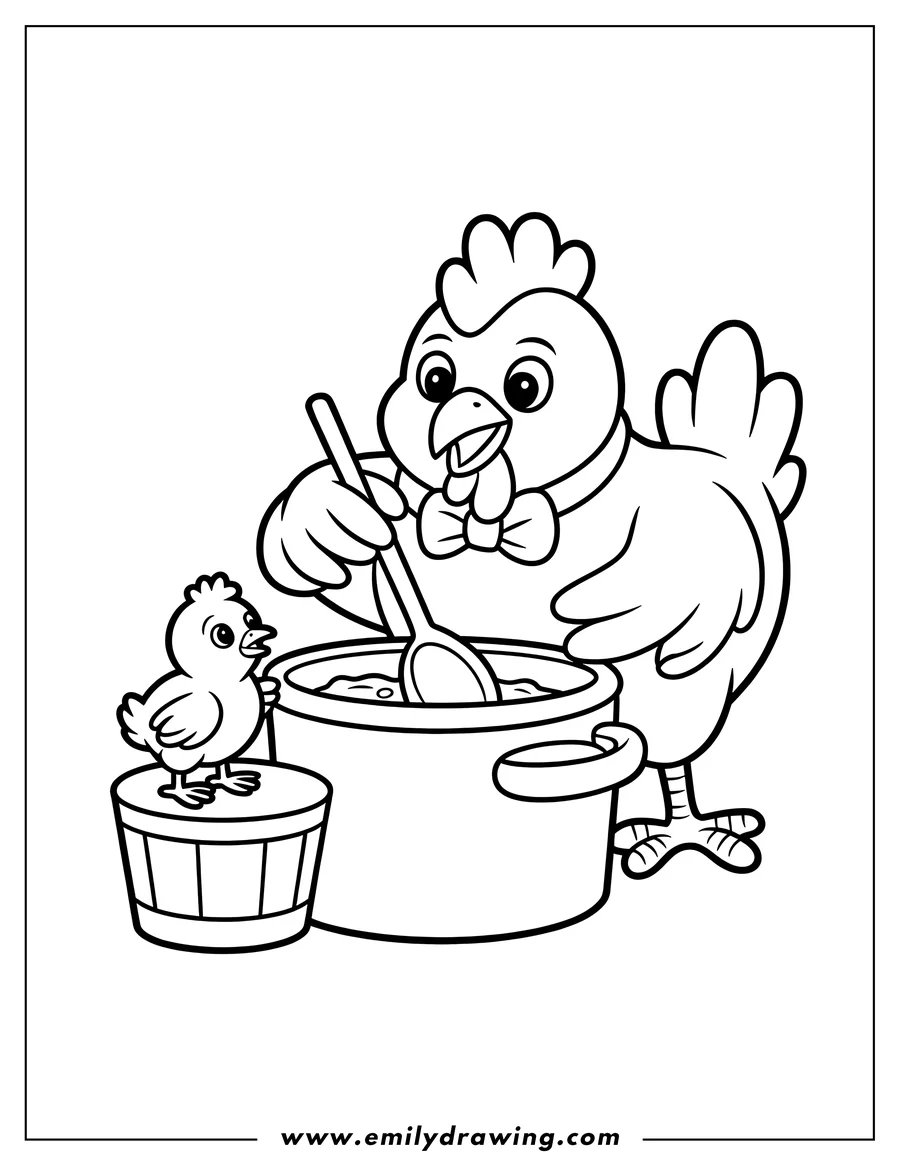 Outline of a hen wearing a bow tie stirring a pot of soup with a chick sitting on a stool waiting beside the pot.