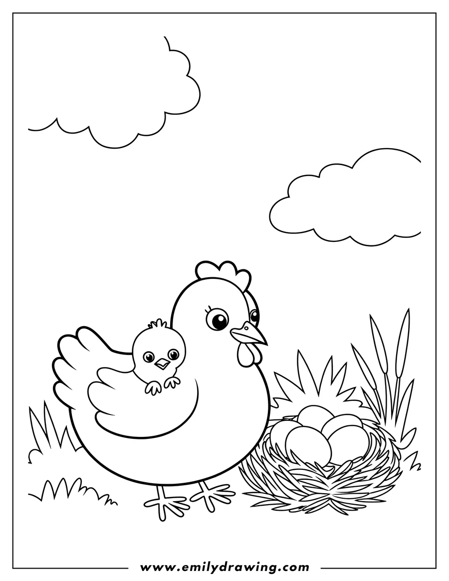 Outline of a hen with a chick on her back, standing next to a nest with three eggs. Grass and clouds complete the scene.
