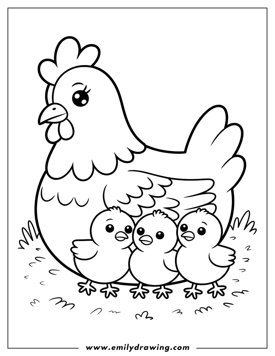 Outline of a hen with three small chicks nestled beside her.