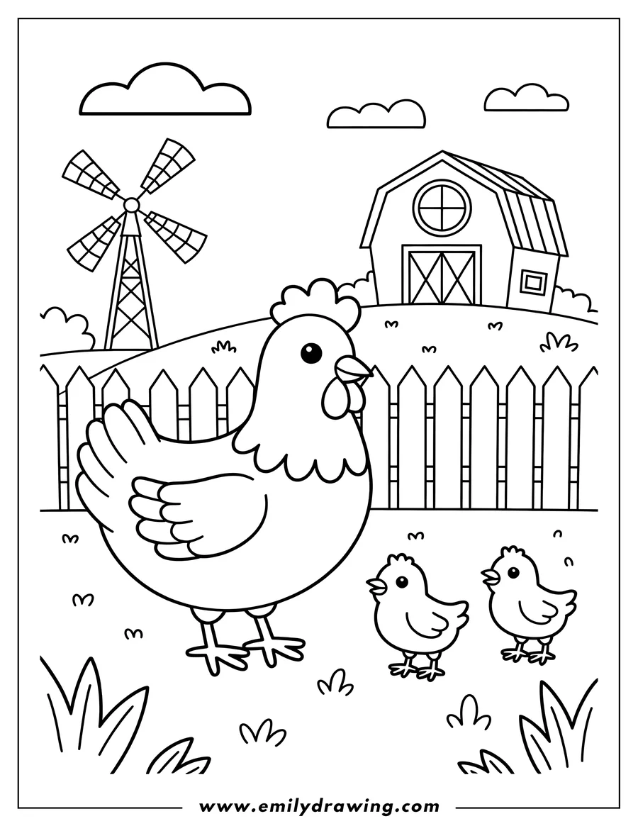 Outline of a hen with two small chicks on a farm.  A barn and windmill are visible in the background.