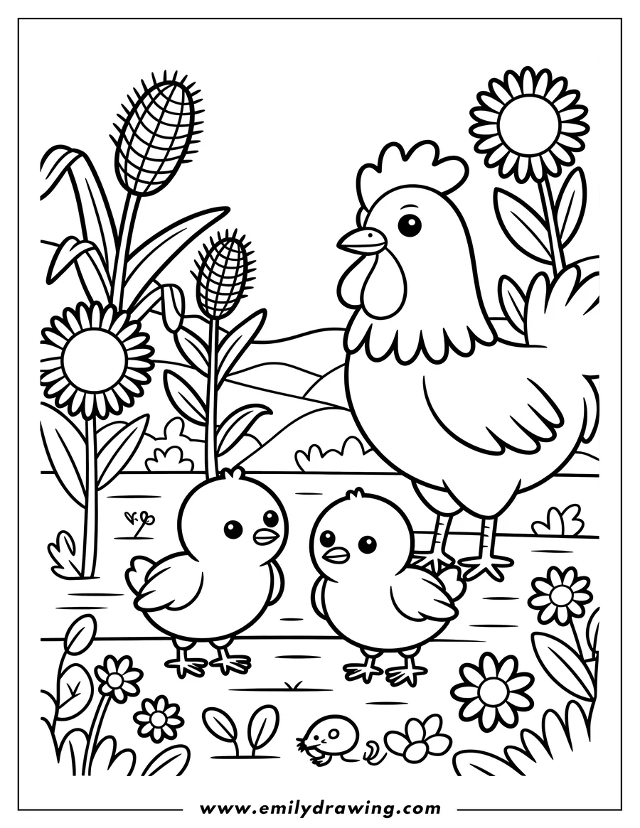 Outline of a hen with two small chicks in a garden filled with flowers and other plants. A tiny mouse scurries nearby.