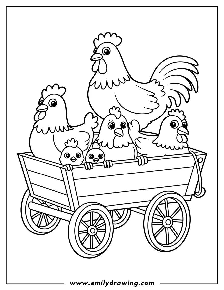 Outline of a hen, chicks, and rooster riding in a wagon.