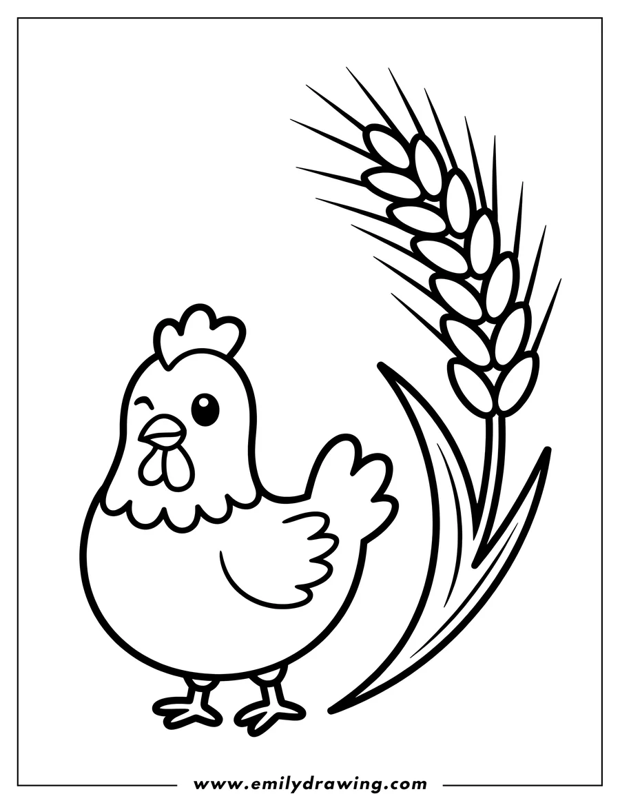 Outline of a hen standing next to a stalk of wheat.