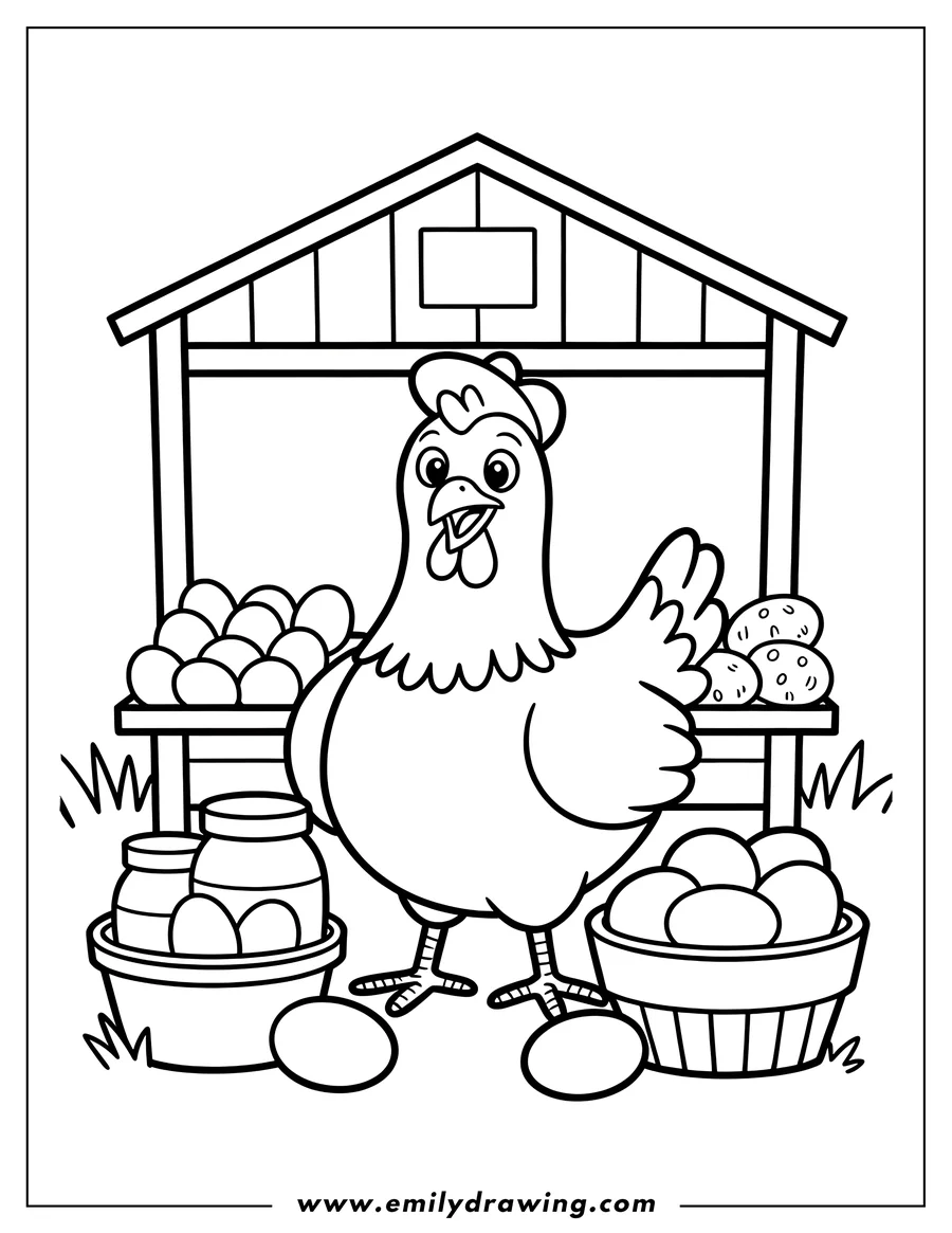 Outline of a cheerful hen standing at a market stall, surrounded by baskets of eggs and jars.