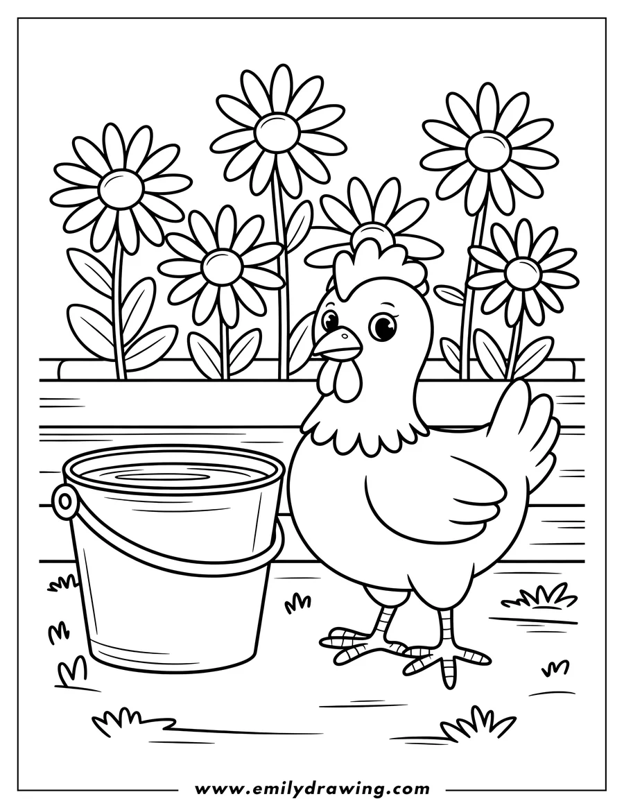 Outline of a hen standing near a water bucket with flowers in the background.