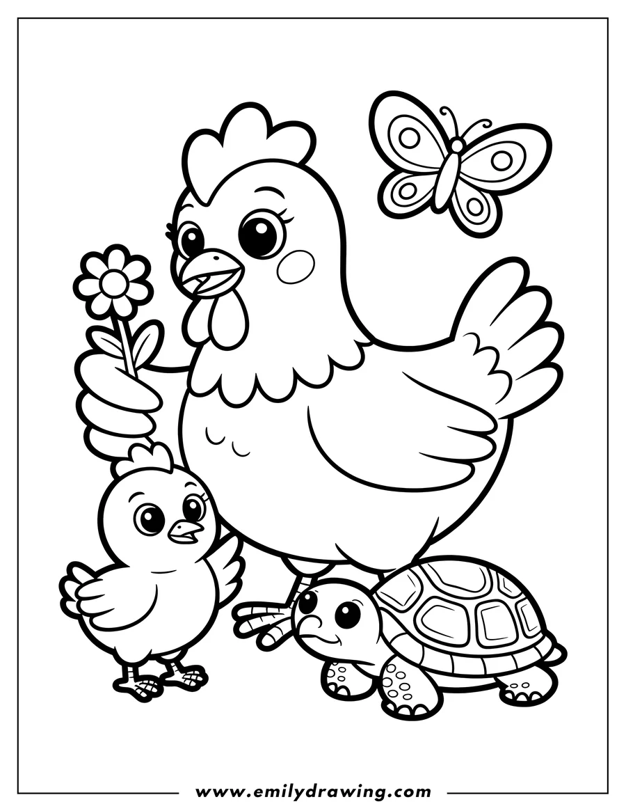 Outline drawing of a hen holding a flower, her chick, and a turtle nearby, with a butterfly in the background.