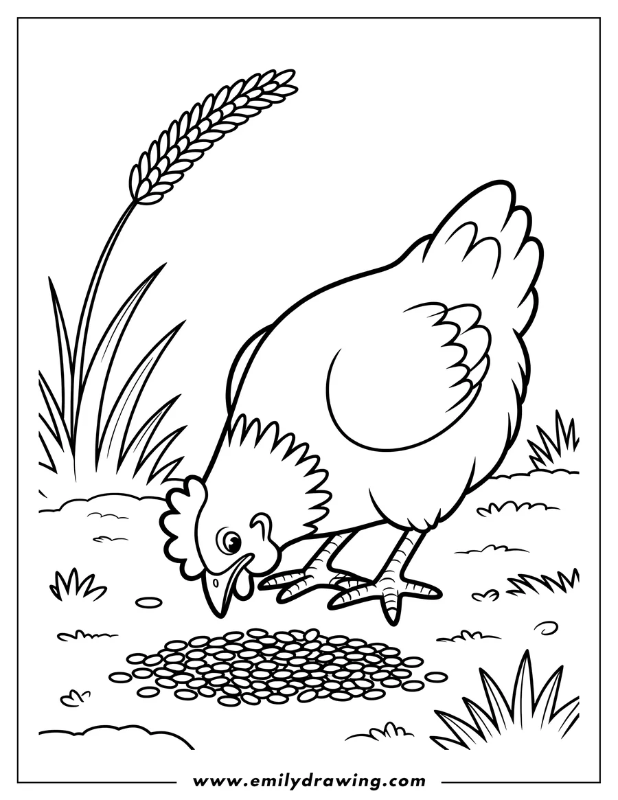 Line art of a hen eating seeds scattered on the ground, with grass and a stalk of wheat nearby.
