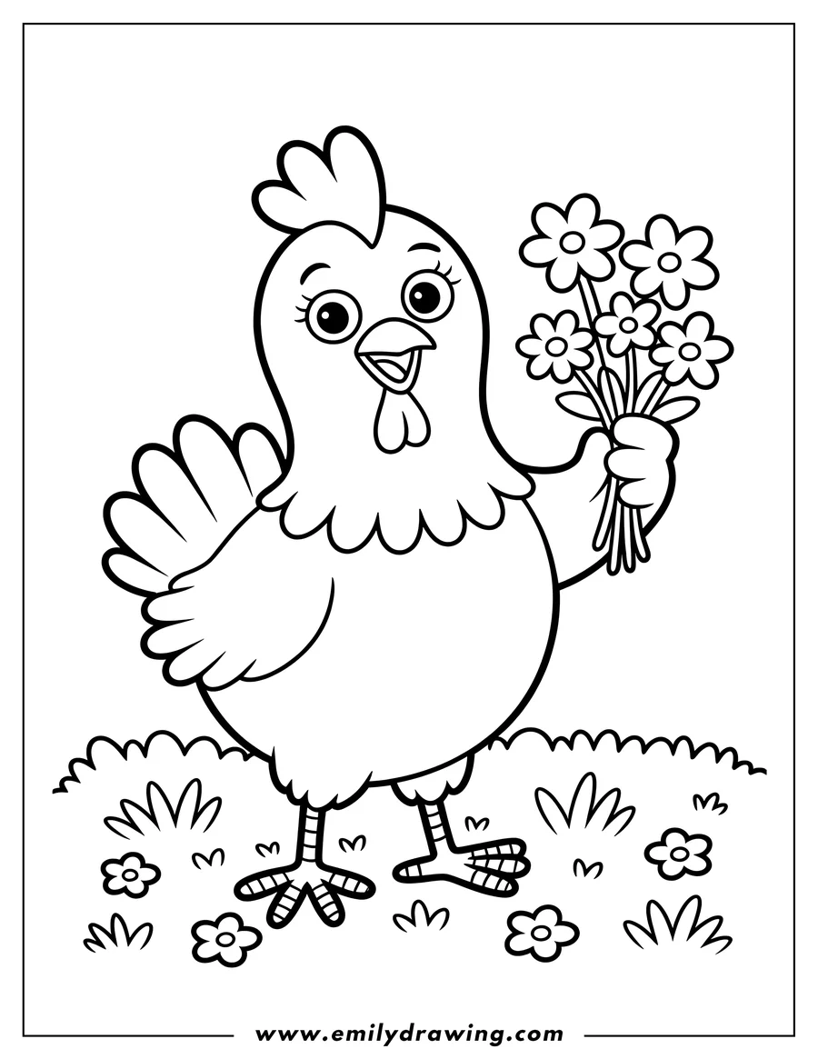 Outline of a cheerful hen holding a bouquet of flowers in a field.