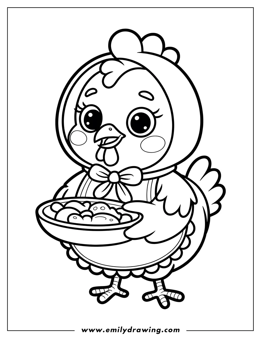 Outline of a hen wearing a bonnet and holding a plate of food.