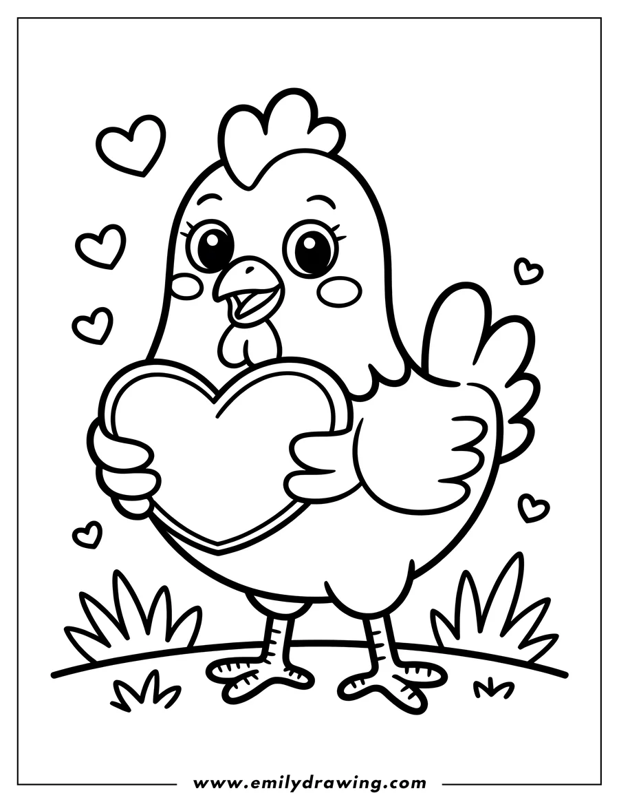 Outline of a hen holding a large heart, surrounded by small floating hearts.