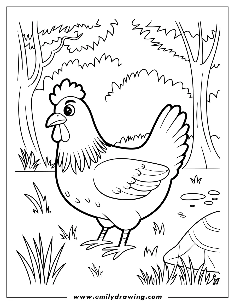 Outline of a hen standing in a grassy forest clearing near some trees.