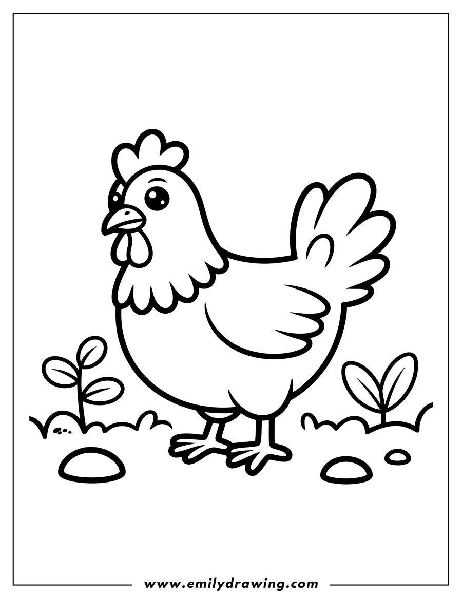 Outline of a hen standing in a garden with small plants and rocks.