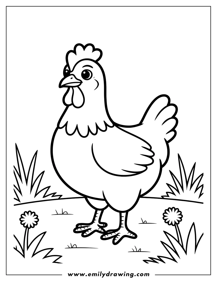 Outline of a hen standing in the grass, with small flowers and tufts of grass around her. 
