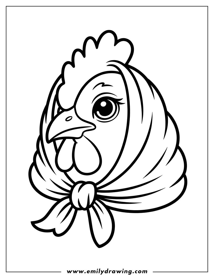 Outline of a hen wearing a headscarf tied under her beak.