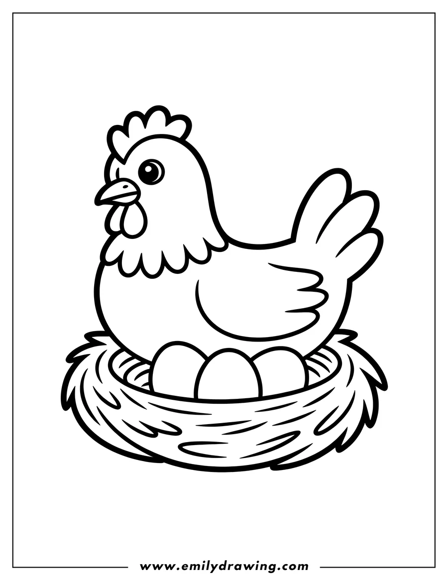 Outline of a hen sitting in a nest with eggs.