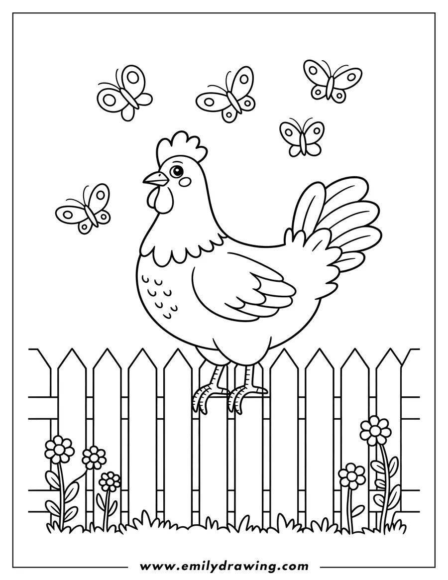 Outline of a hen perched on a wooden fence with flowers and butterflies.