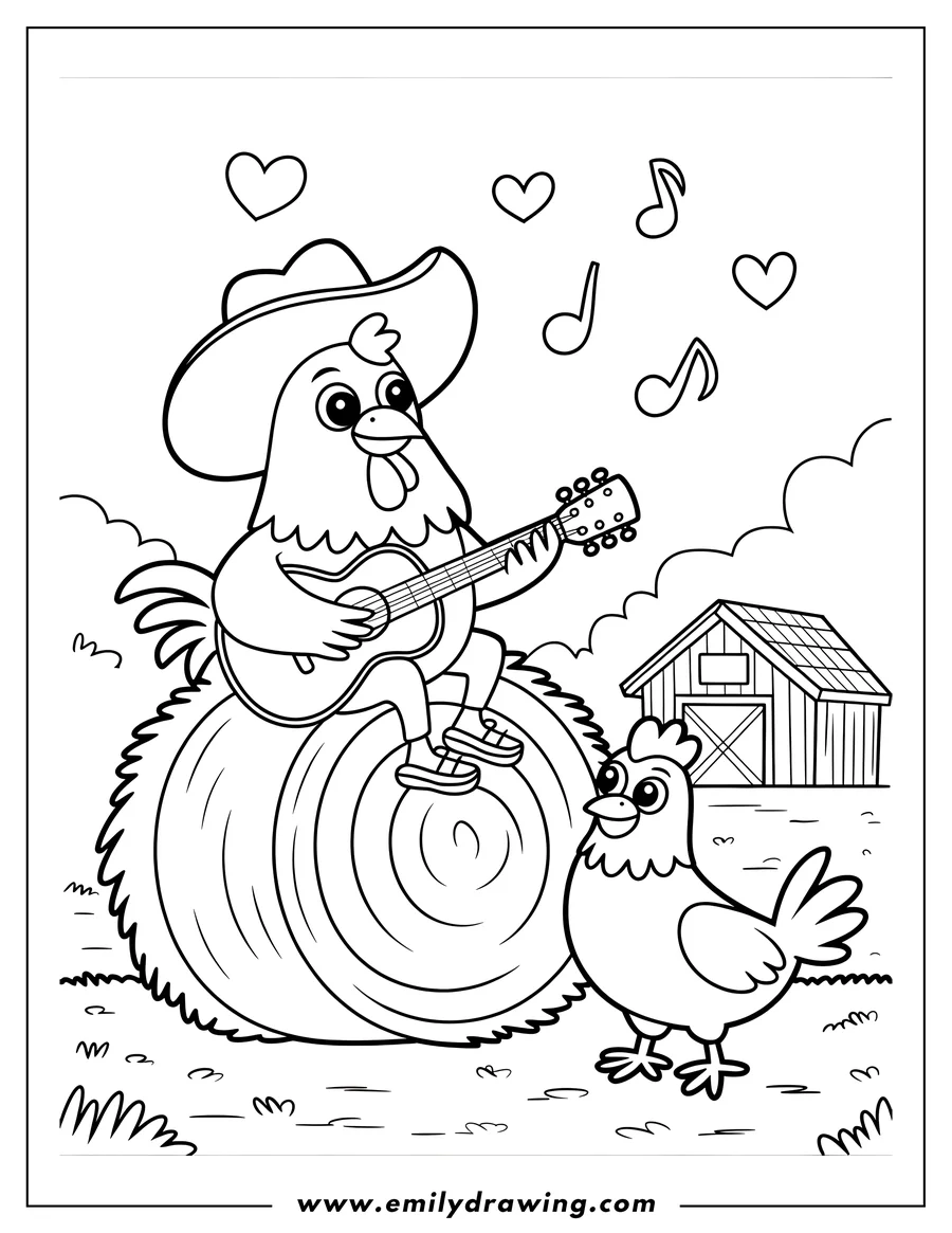 Outline of a hen playing guitar while sitting on a hay bale. Another hen listens nearby. Music notes and hearts float around them, with a barn in the background.