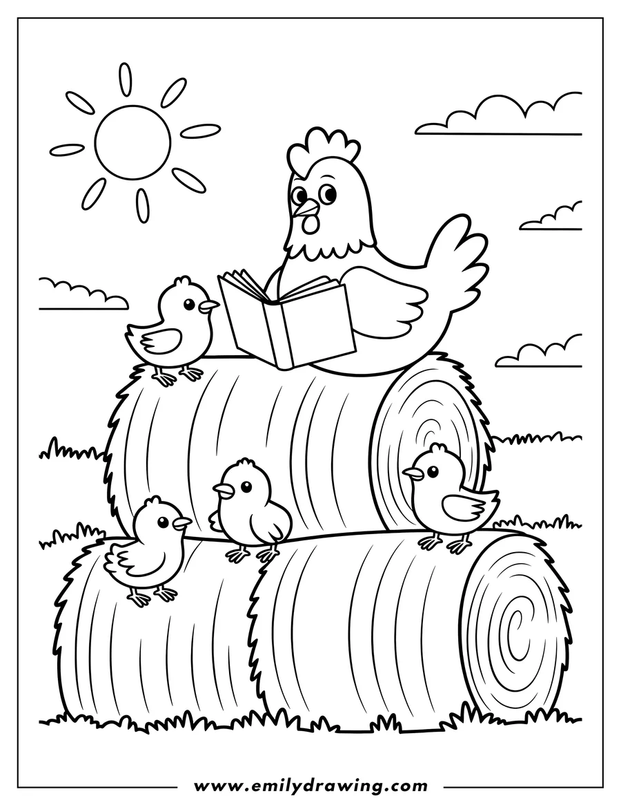 Outline of a hen reading a book to her three chicks while sitting on hay bales in a sunny field.