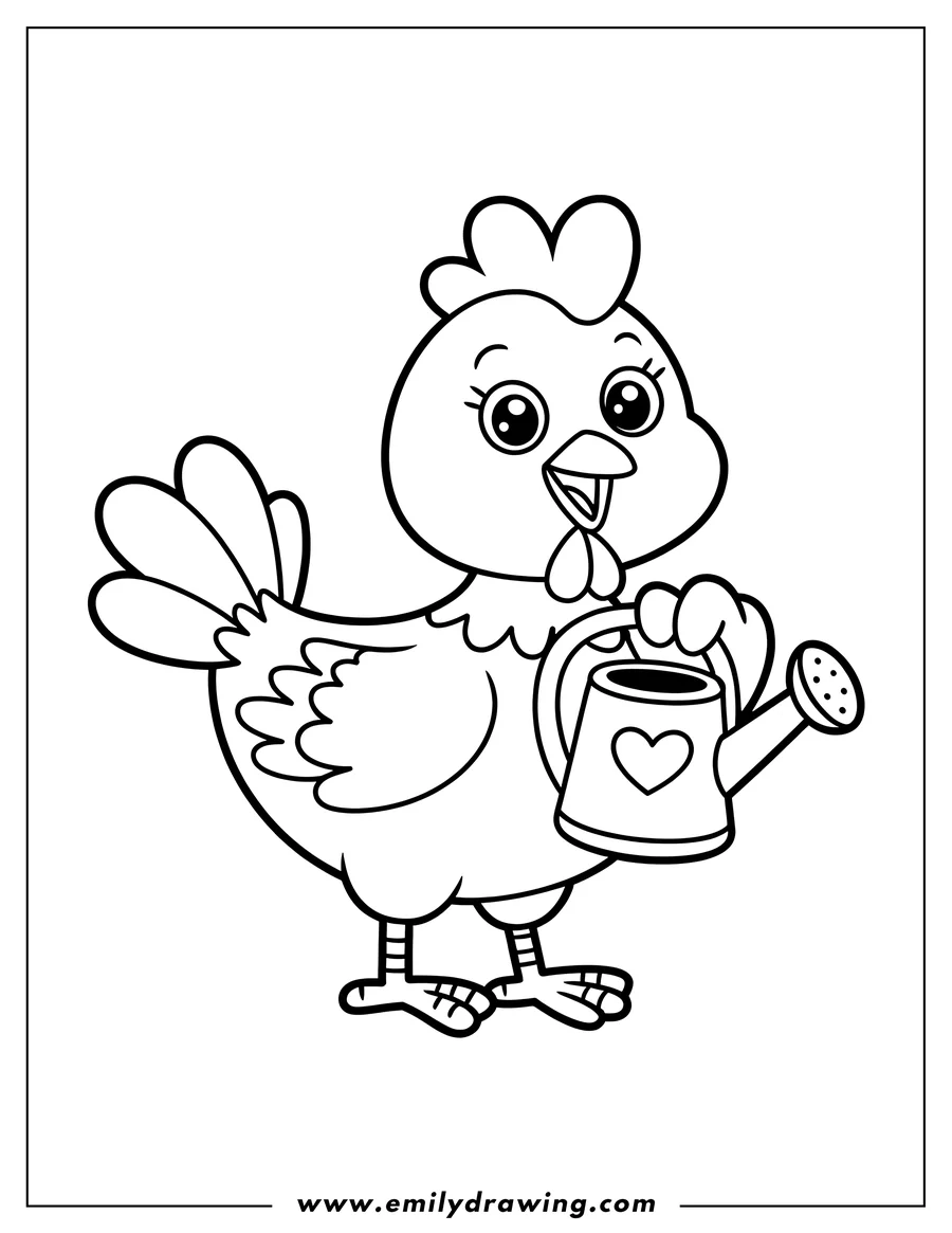 Outline of a hen holding a watering can with a heart on it.