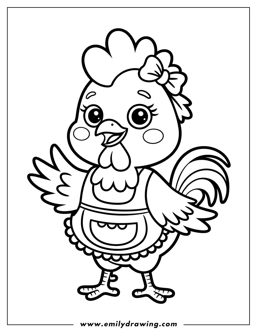 Outline of a hen wearing an apron and a bow.