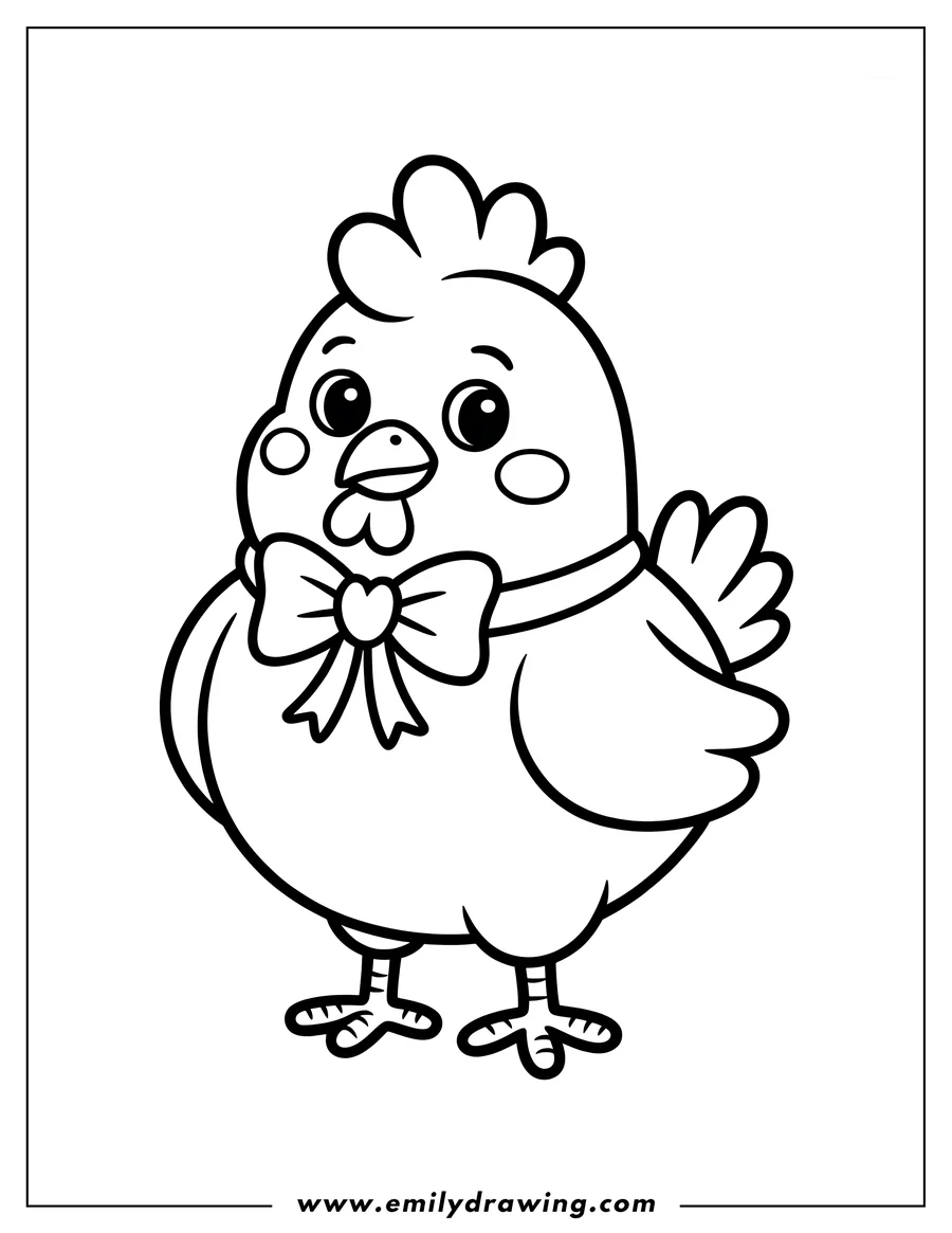 Line art of a hen wearing a bow with a heart in the center.