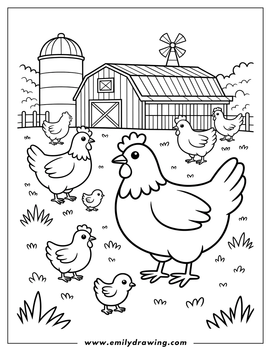 Outline of a hen with her chicks near a barn and silo on a farm. Several other chickens are also visible in the barnyard.