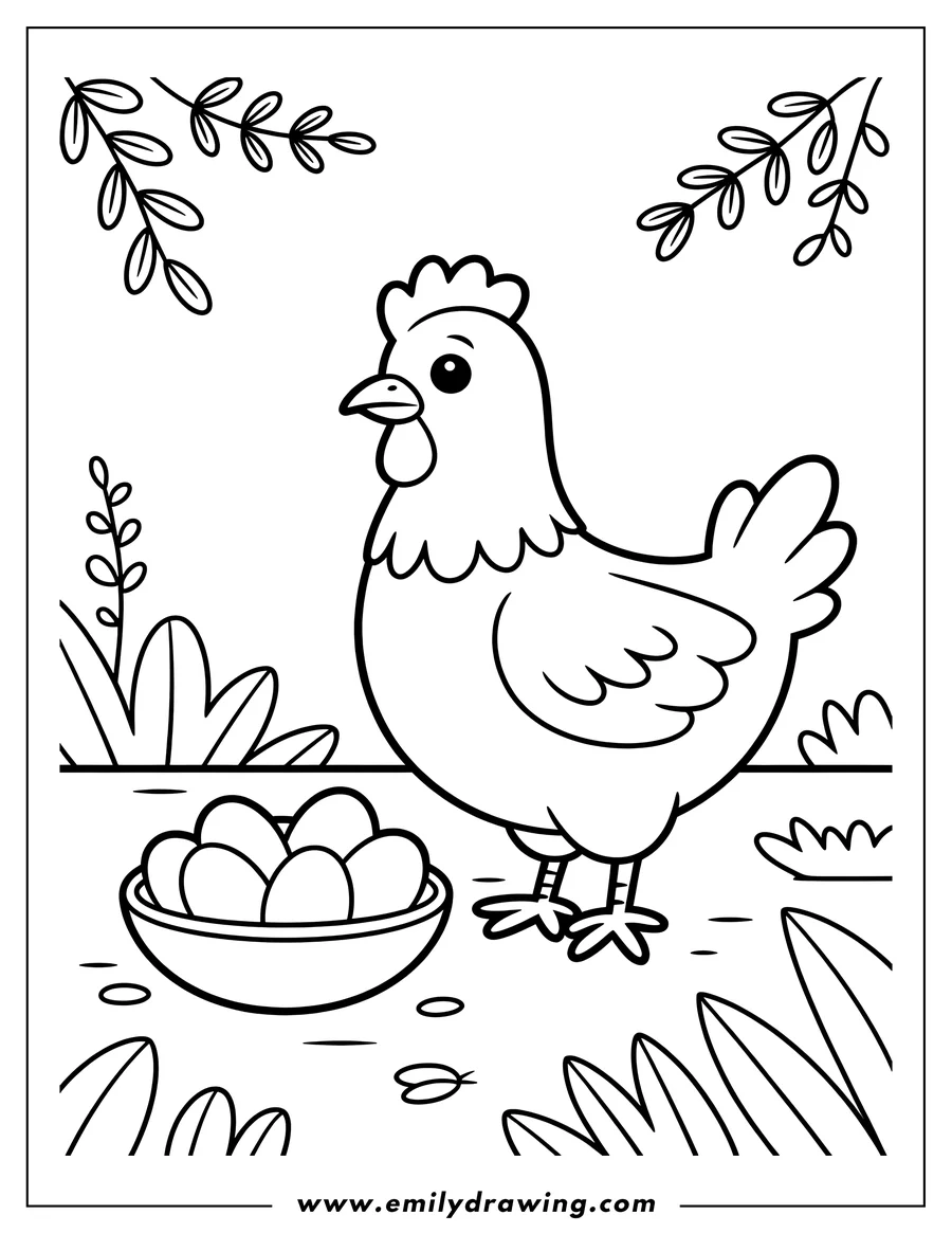 Outline of a hen standing near a basket of eggs.