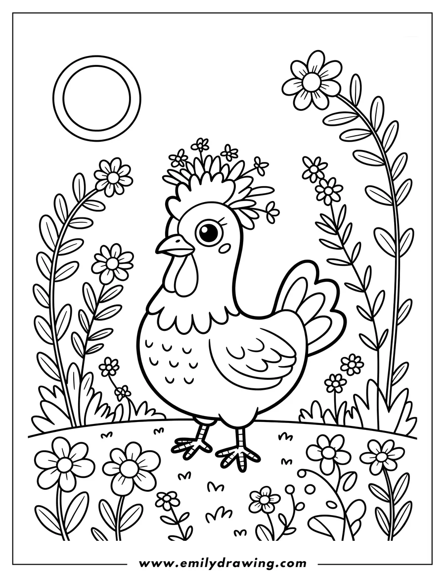 Line art of a hen with flowers on its head, standing in a field of flowers under the sun.