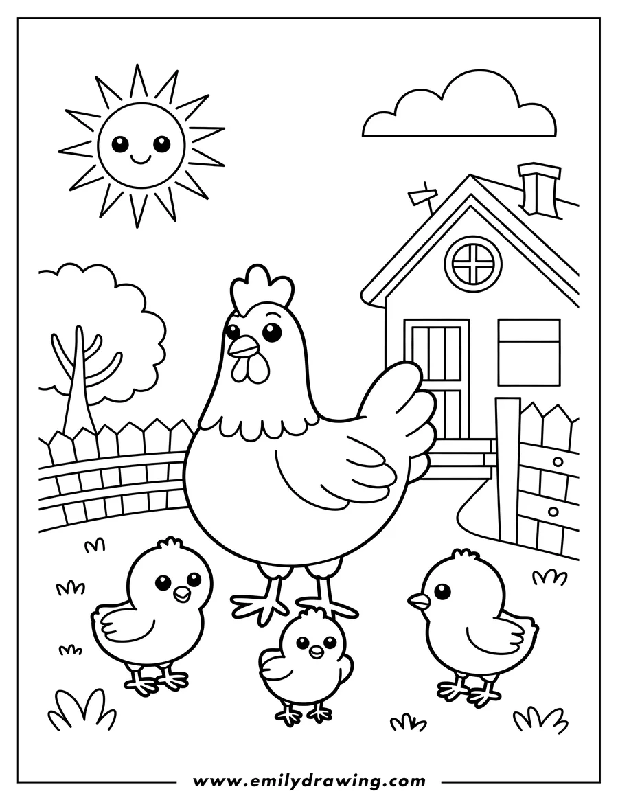 Outline of a hen with three small chicks near a farmhouse and fence.