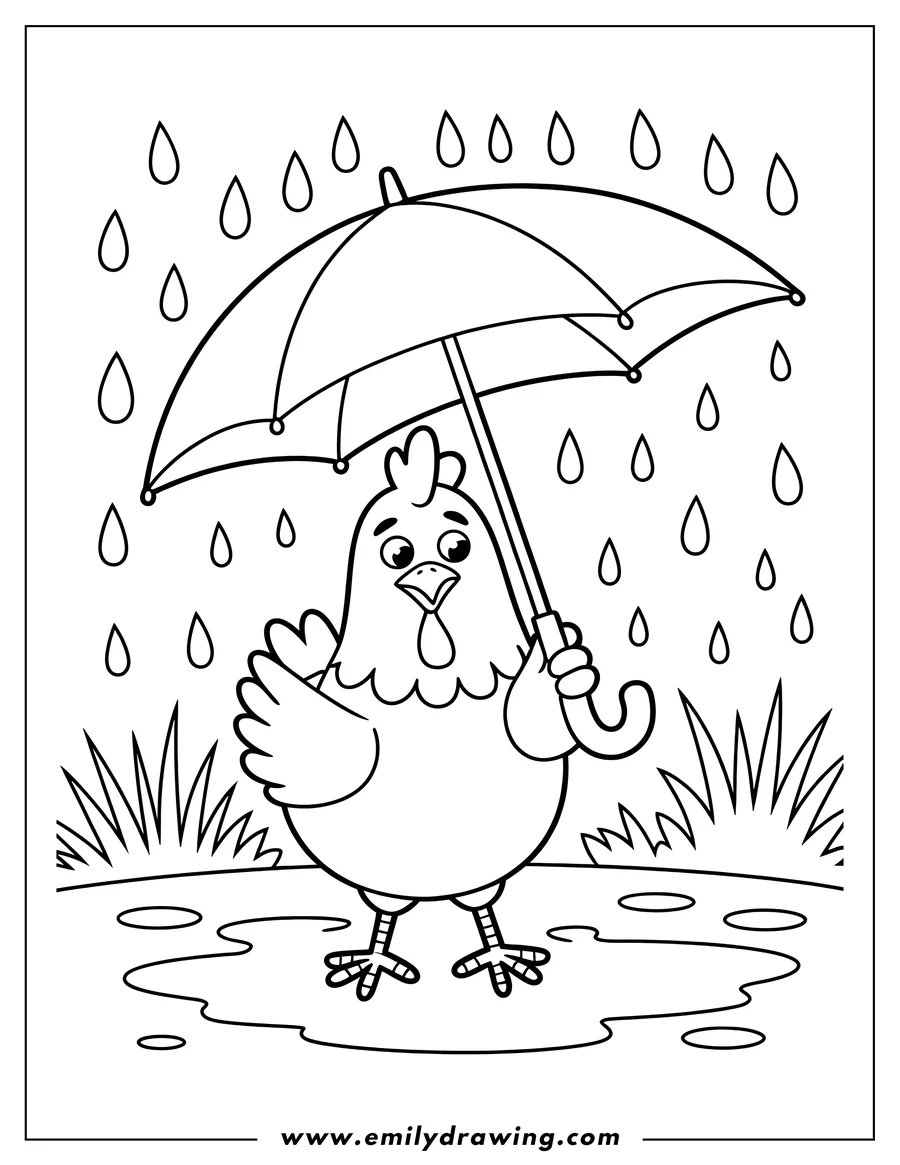 Outline of a hen holding an umbrella in the rain. There are puddles on the ground and grass nearby.