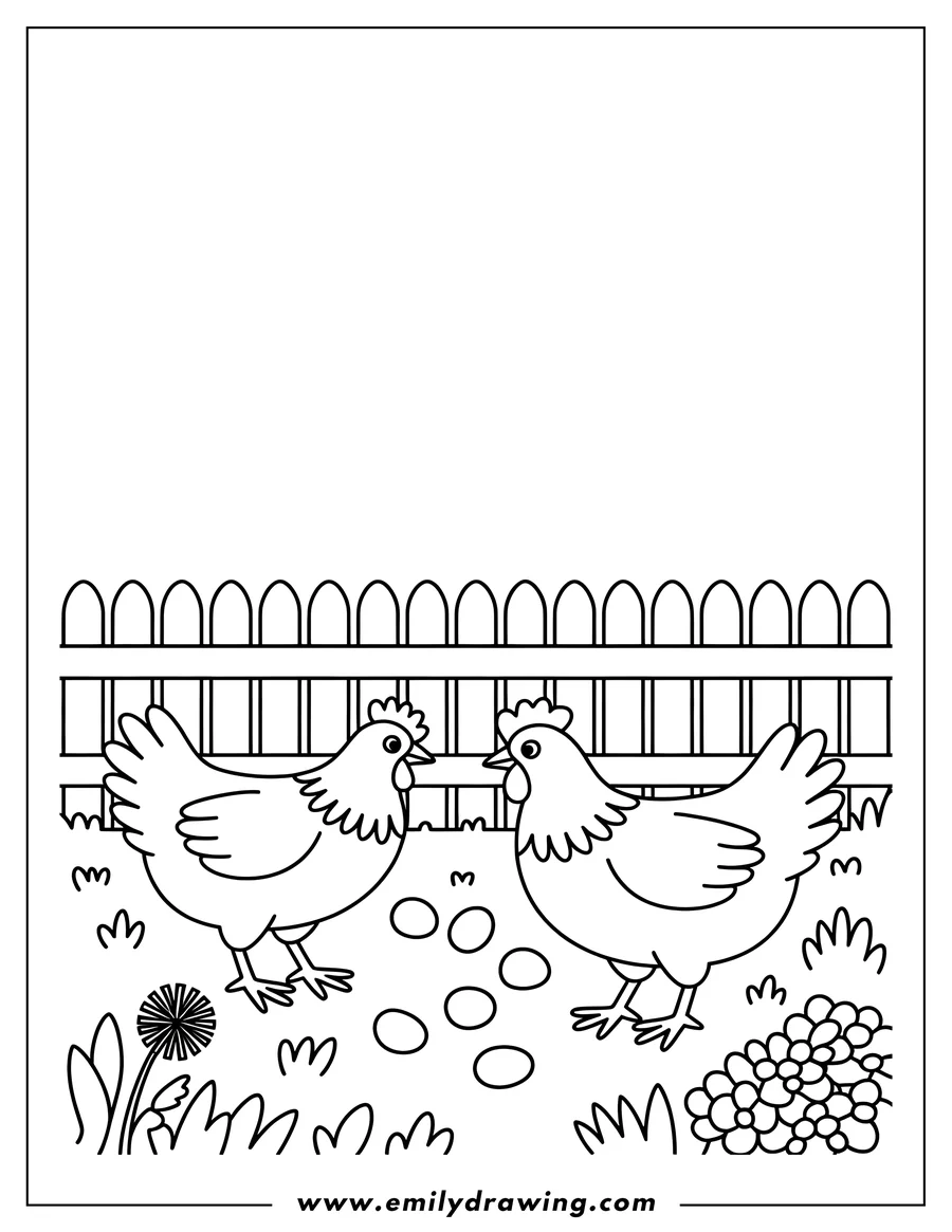 Outline of two hens standing near a fence in a grassy area with flowers and eggs scattered around.