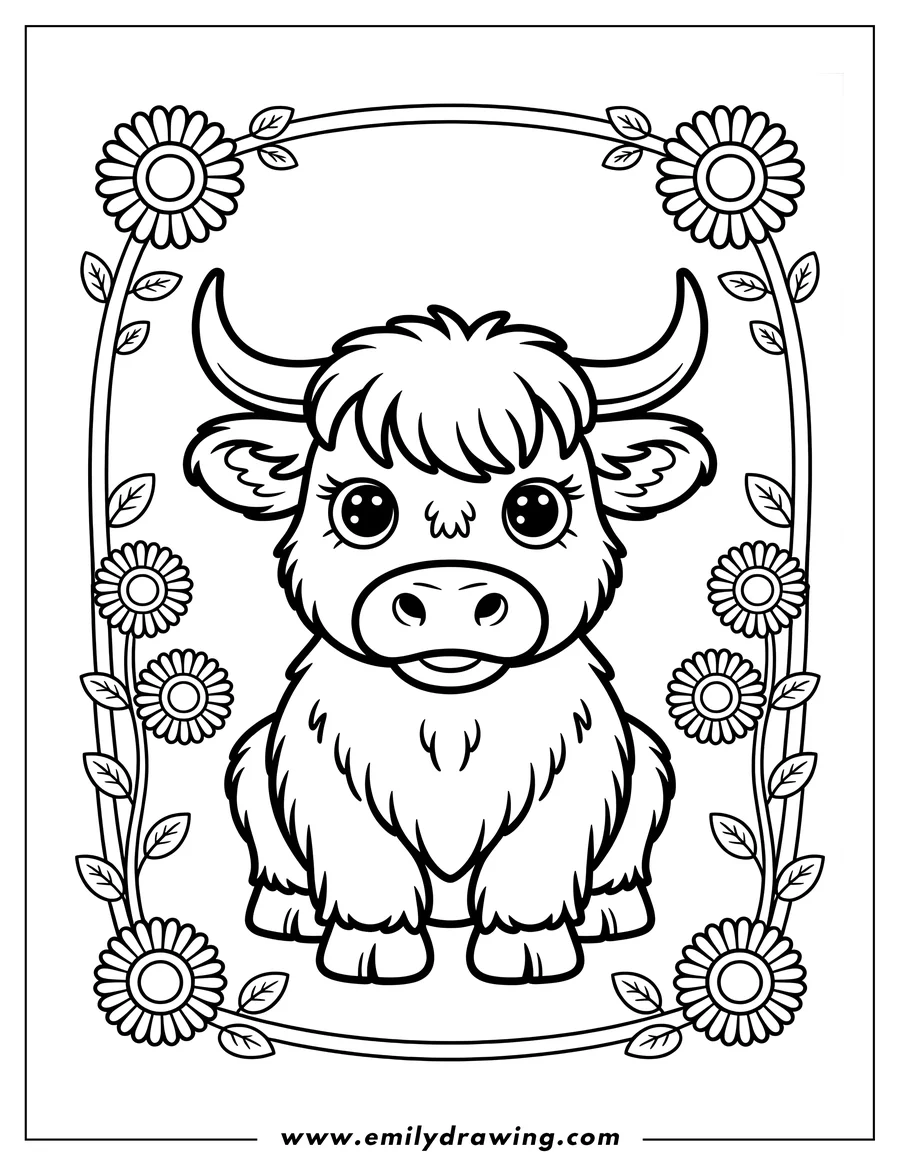 Outline of a Highland cow sitting within a decorative border of flowers and leaves.
