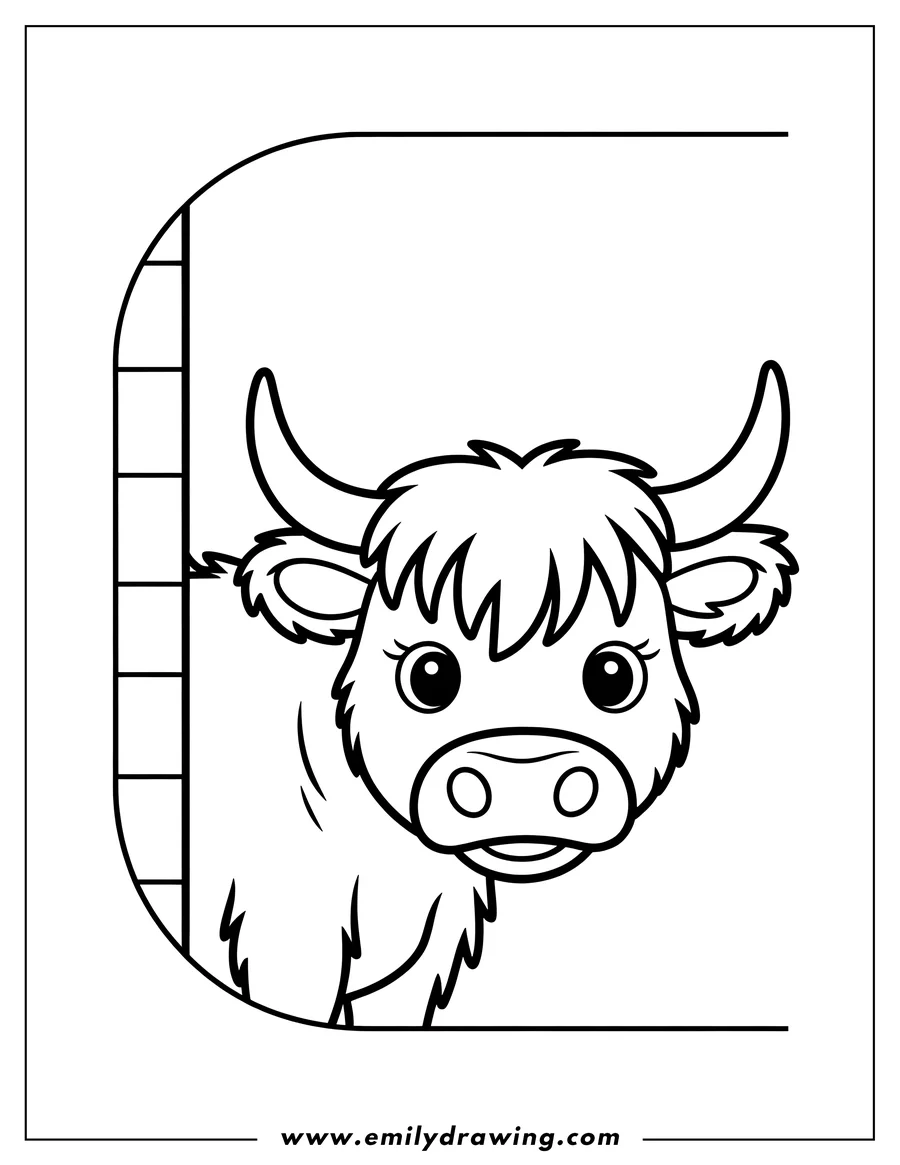 Outline of a Highland cow peeking around a corner. It has large, friendly eyes and a fluffy coat.