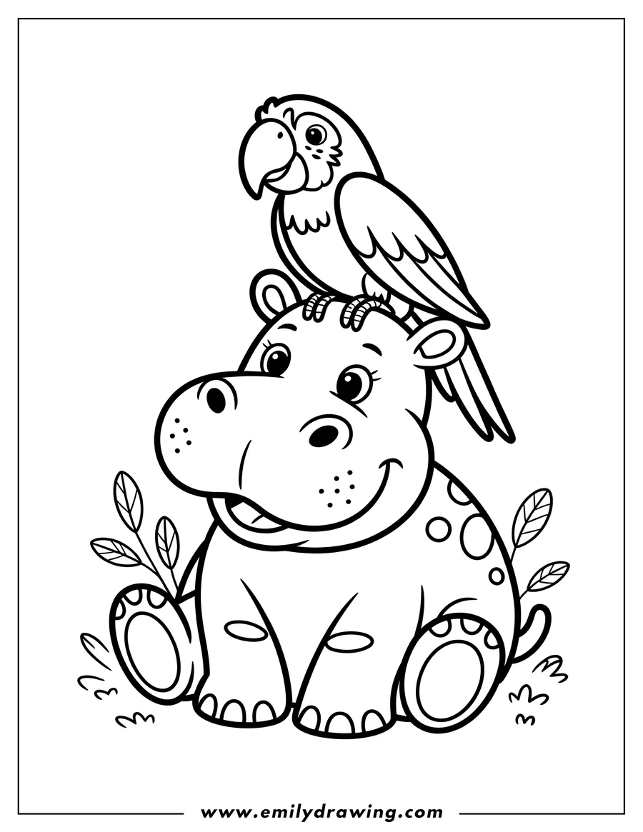 Outline of a hippopotamus sitting with a parrot perched on its head