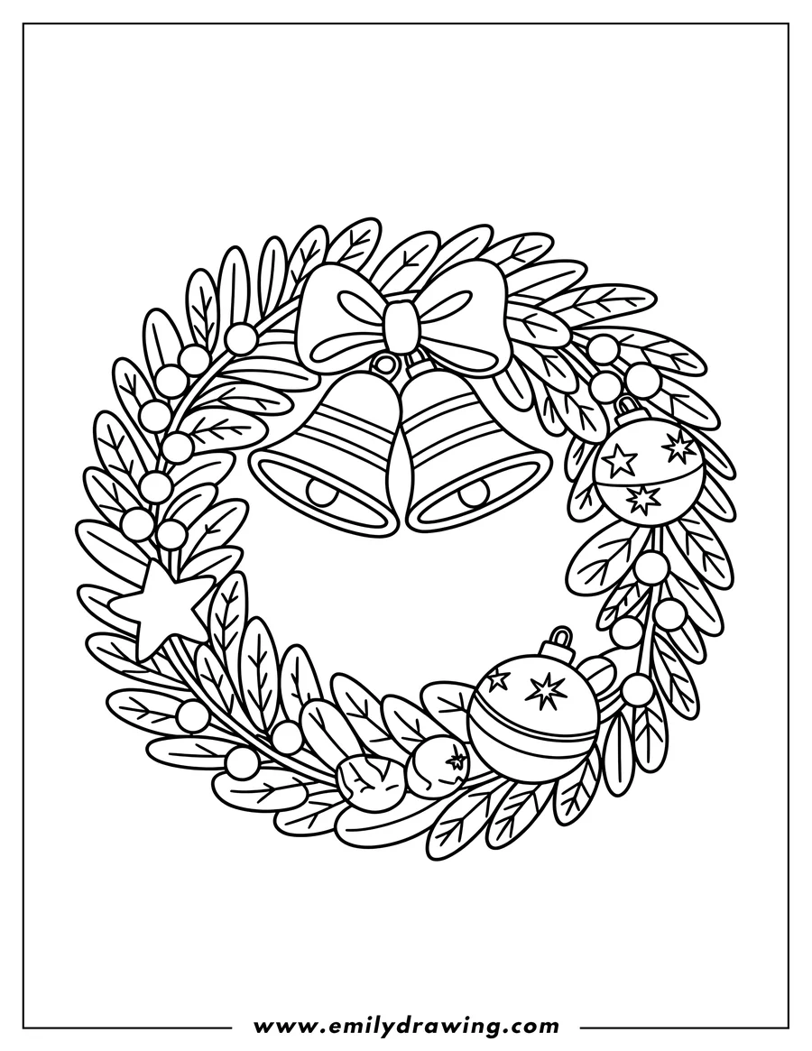 Line art of two Christmas bells with a bow, surrounded by a wreath of leaves, berries, a star, and ornaments.