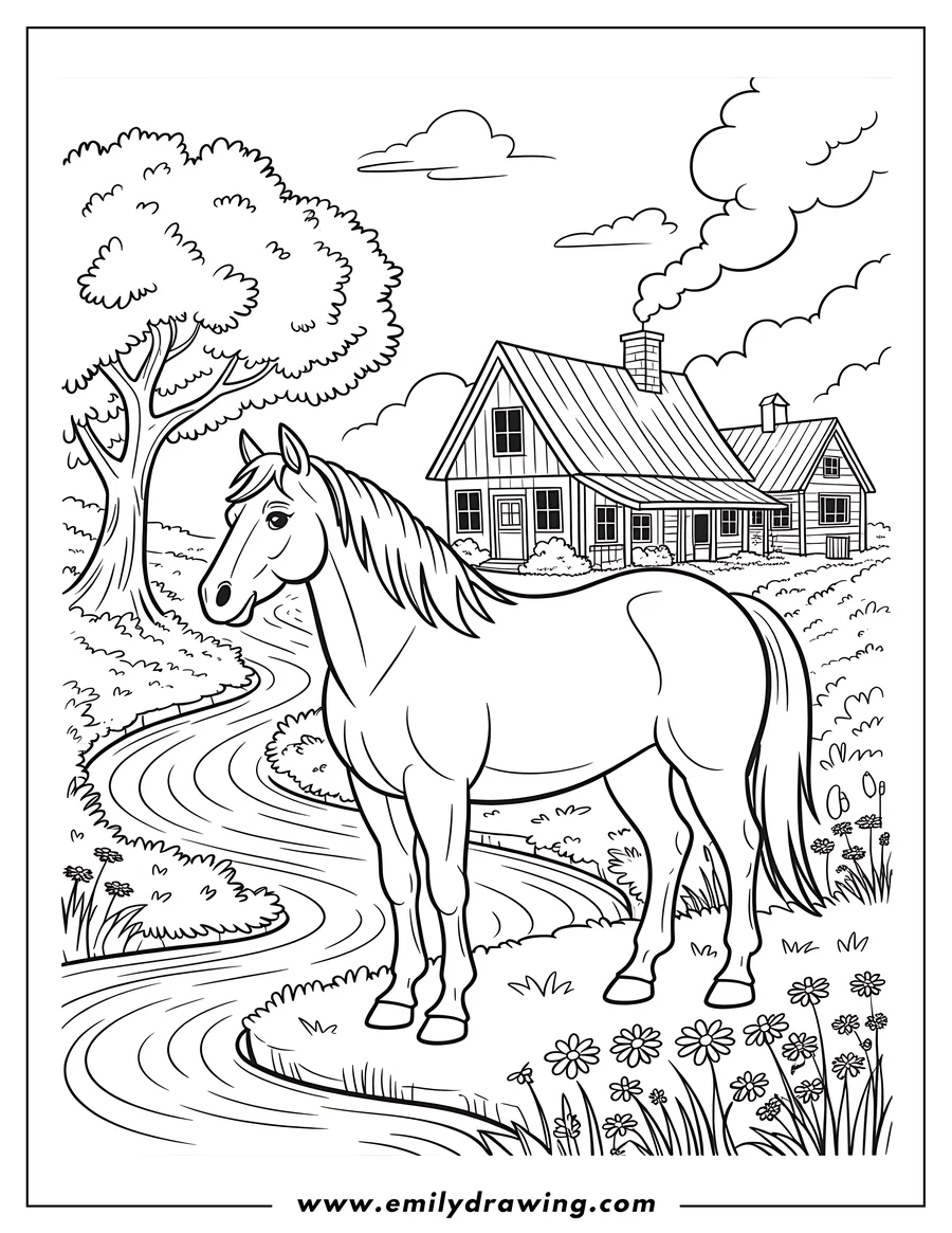 Line art of a horse standing near a stream with a farmhouse in the background.