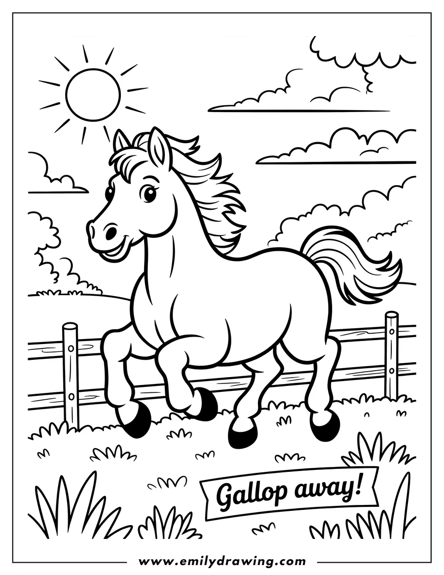 Line art of a cheerful horse galloping near a wooden fence under a sunny sky.