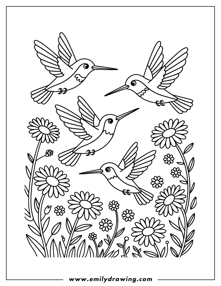 Outline of four hummingbirds hovering near daisies.