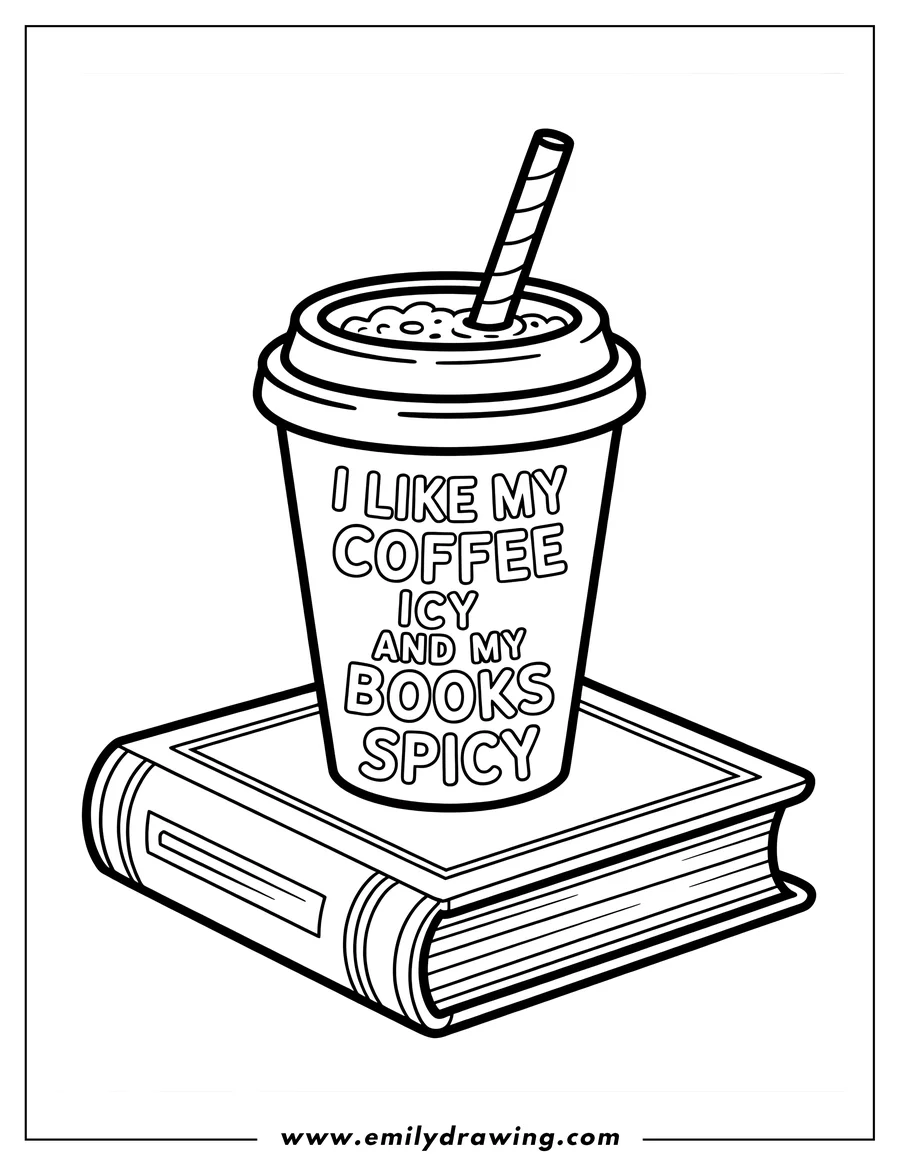 Line art of an iced coffee with a striped straw resting on a closed book.