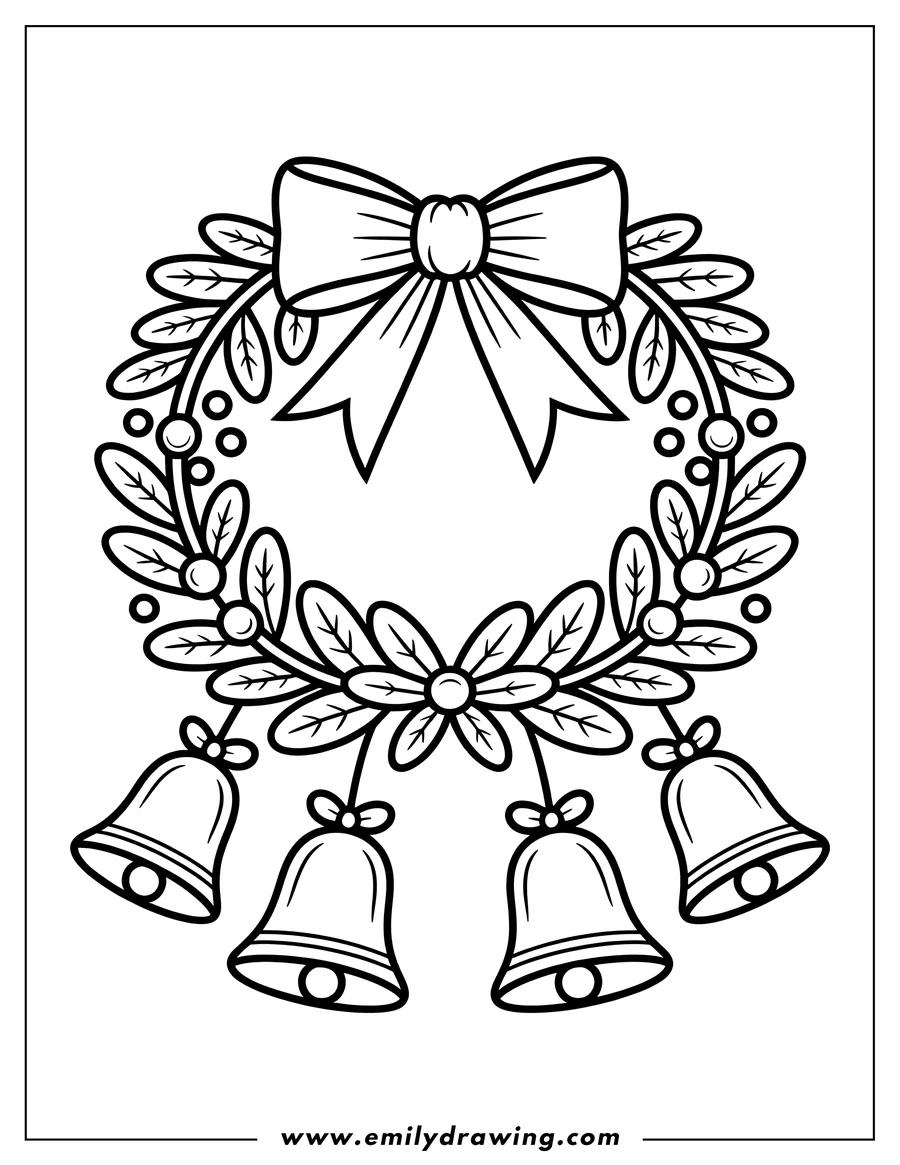 Outline of three jingle bells hanging from a decorated wreath with a bow.