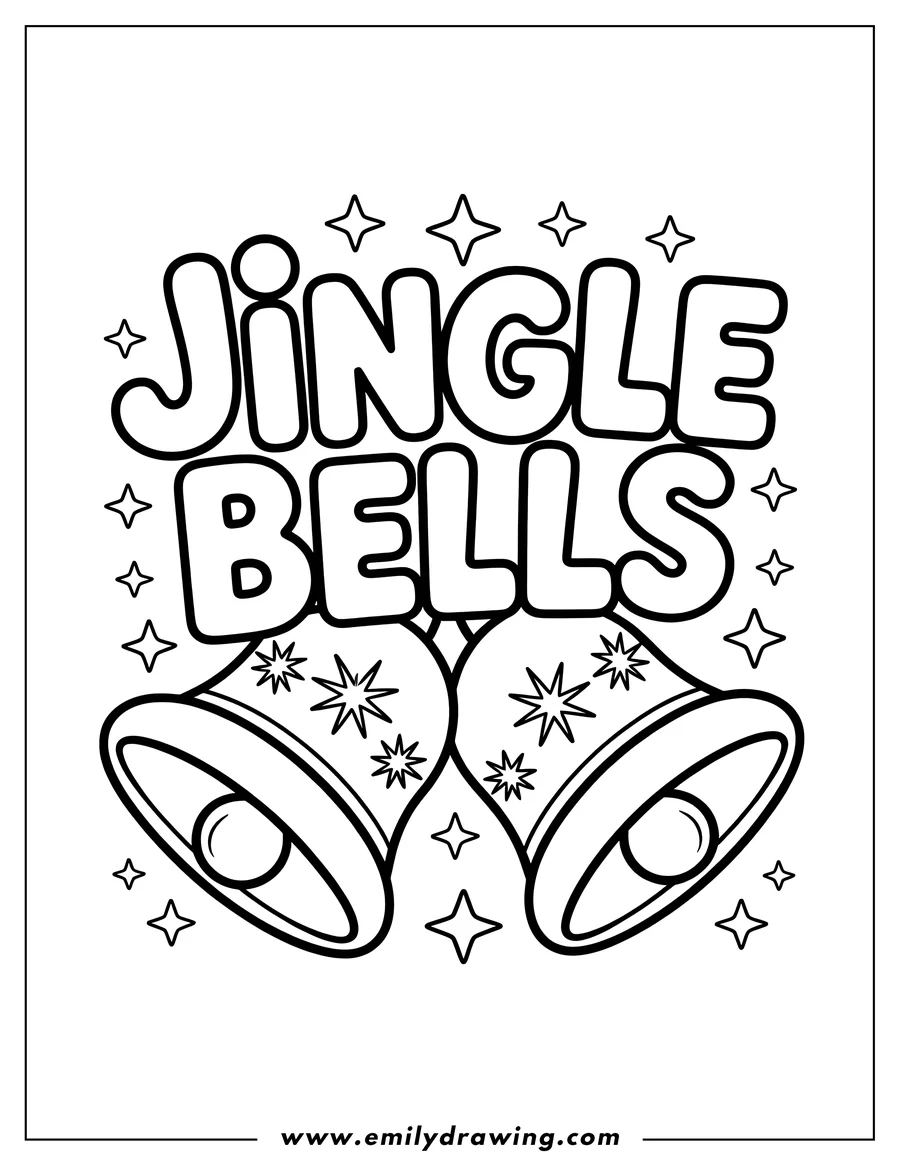 Line art of two jingle bells decorated with stars, ready for coloring. The words 'Jingle Bells' appear above the bells.